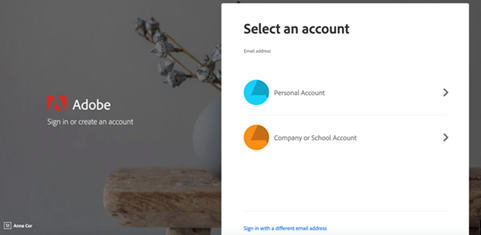 Adobe Creative Cloud account selections screen