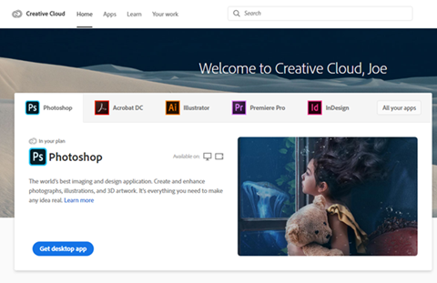 Adobe Creative Cloud application selection screen